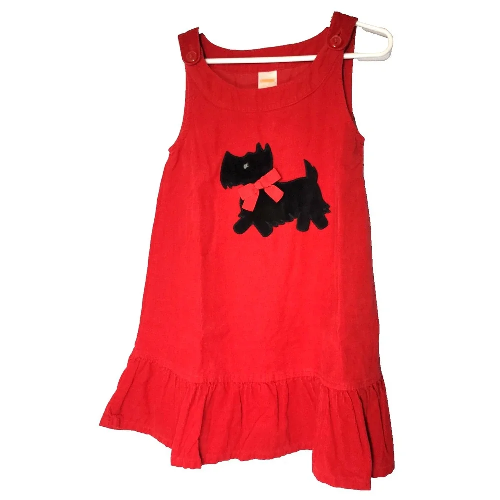 Gymboree Red Thin Wale Corduroy Jumper Applique Scottie Dog Size 5 School Church
